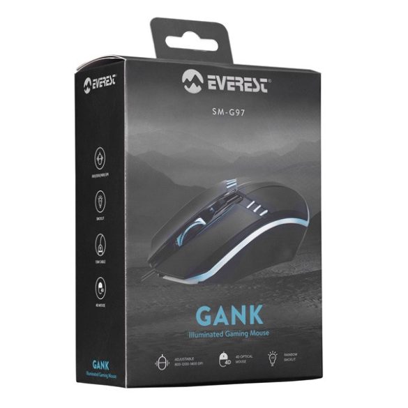 Everest Gamer Egér - SM-G97 GANK (1400 DPI, 4gomb, 1,5m harisnyázott kábel,optikai, fekete, RGB LED)