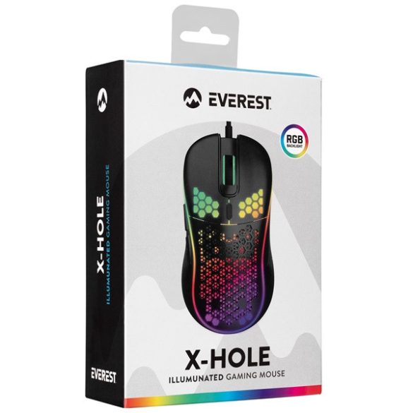 Everest Gamer Egér - SM-G66 X-HOLE (8000 DPI, 7gomb, 1,5m harisnyázott kábel,optikai, fekete, RGB LED)